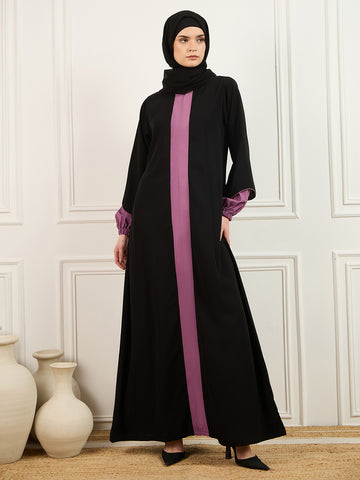 Nabia's two-colored black and pink abaya burqa with Black Georgette Hijab