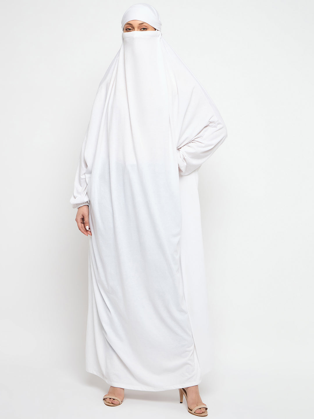 Nabia White Free Size Adjustable Nosepiece Cotton Fabric Jilbab Abaya for Girls and Women