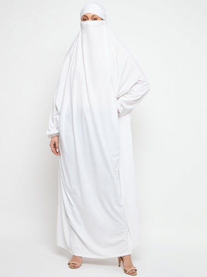 Nabia White Free Size Adjustable Nosepiece Cotton Fabric Jilbab Abaya for Girls and Women