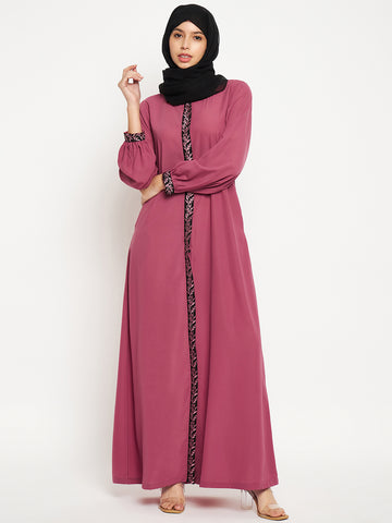 Nabia Embroidery Work Solid Pink Front Open Abaya Burqa For Women With Black Scarf