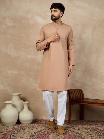 Nabia Solid Beige Cotton Kurta and White Pajama Set