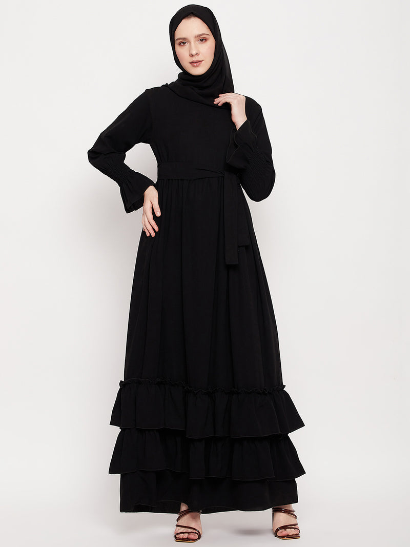 Nabia Women Black Frill Nida Matte Fabric Abaya Burqa With Black Georgette Scarf