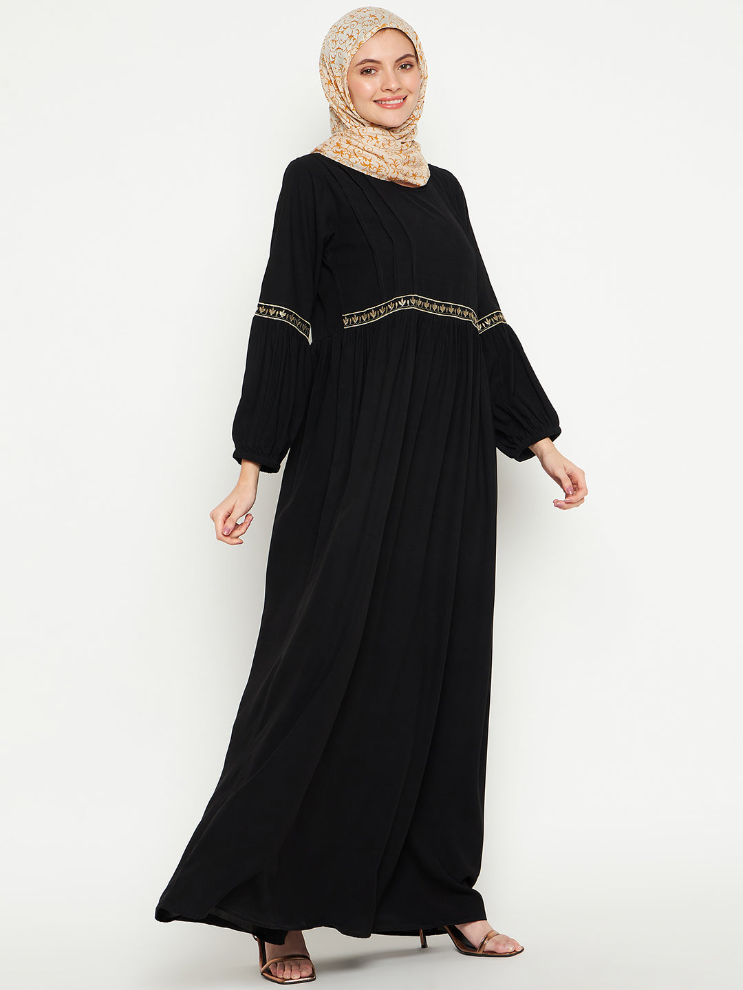 Nabia Women Embroidery Black Abaya/Burqa With Black Georgette Scarf
