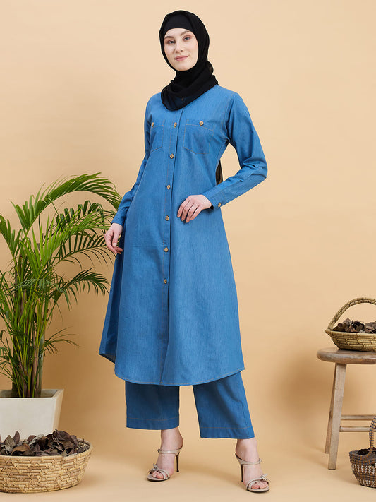 Front Open Blue Denim Co-ord set for women