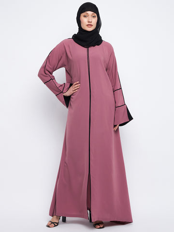 Nabia Women Solid A-line Nida Matte Pink Abaya Burqa With Black Georgette Scarf