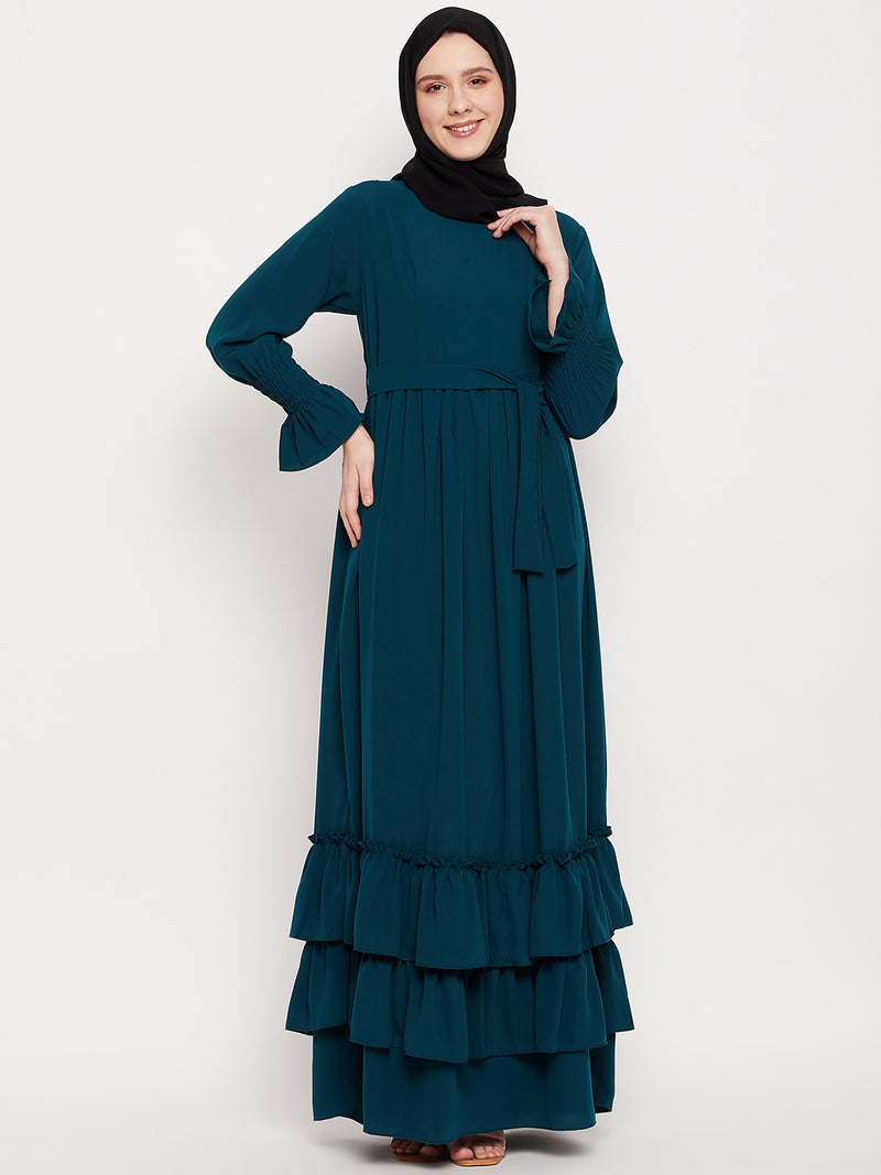 Nabia Women Bottle Green Frill Nida Matte Fabric Abaya Burqa With Black Georgette Scarf