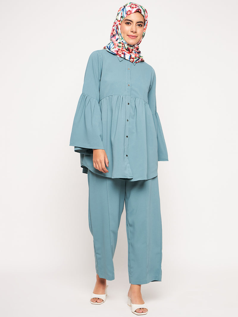 Nabia Sea Green Solid Umbrella Sleeves Co-ord Set for Women