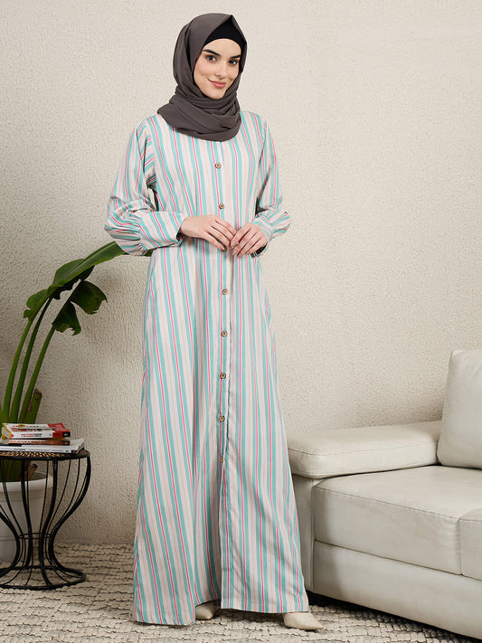 Front Open Printed Abaya Burqa with Black Georgette Scarf