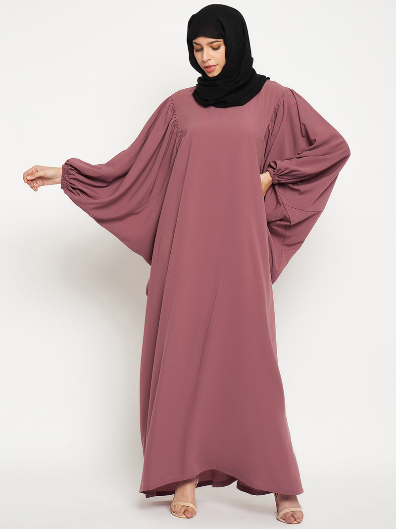 Nabia Pink Solid Women Kaftan Abaya Burqa With Black Georgette Scarf