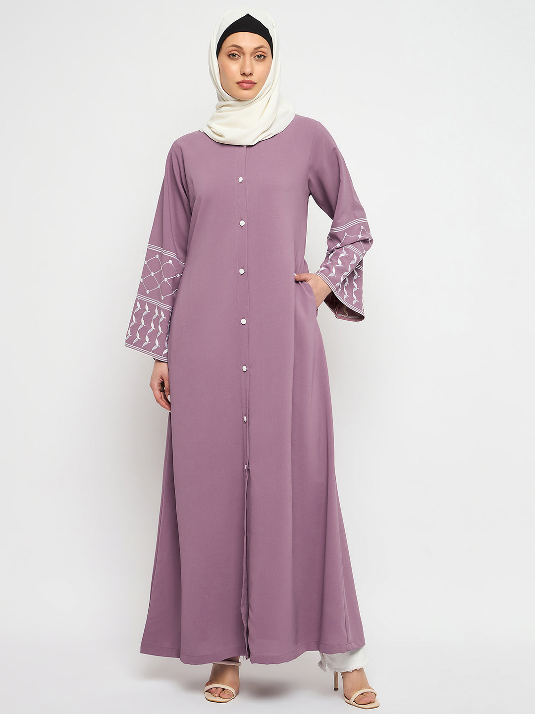 Nabia Front Open Kefiyyeh Embroidery Abaya with Black Scarf