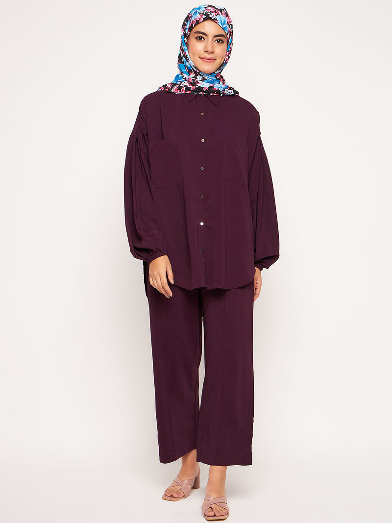 Nabia Purple Solid Puffed Sleeves Co-ord Set for Women
