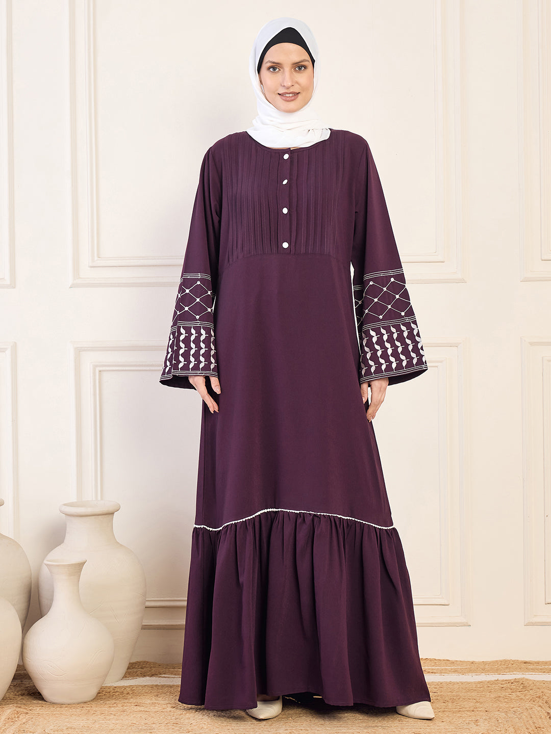 Nabia Kefiyyeh Embroidery Purple  Abaya with White Georgette Hijab