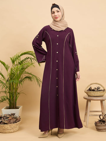 Modest Luxury Front Open Purple Abaya with Beige Hijab for Women