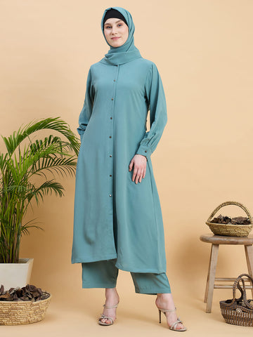Green Front Open Co-ord Set for Women with Matching Hijab