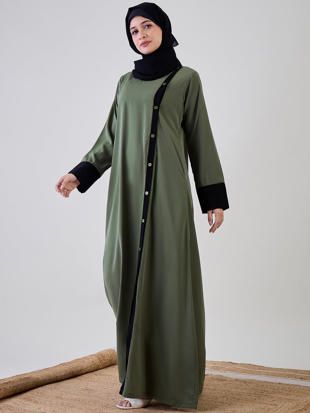Nabia Jade Green Front Open Abaya with Black Georgette Hijab