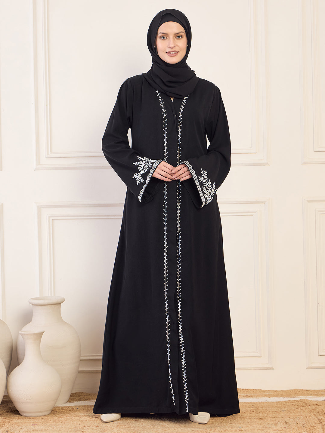 Nabia Black Handwork  Front Open Abaya for Women with Black Hijab