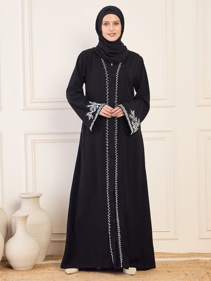 Nabia Black Handwork  Front Open Abaya for Women with Black Hijab