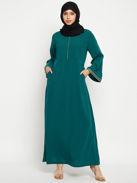 Nabia Embroidery Green Abaya with Black Scarf