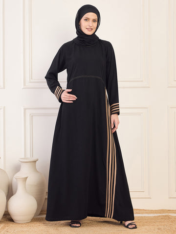 Nabia Black Solid Piping Detailing Aline Abaya Burqa For Women With Black Georgette Hijab