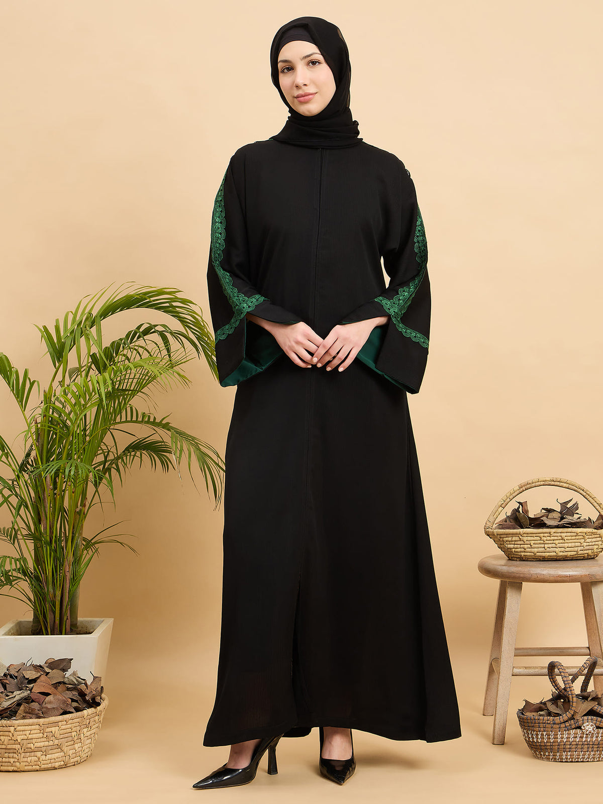 Modest Lace Abaya Burqa with Black Georgette Hijab for Women