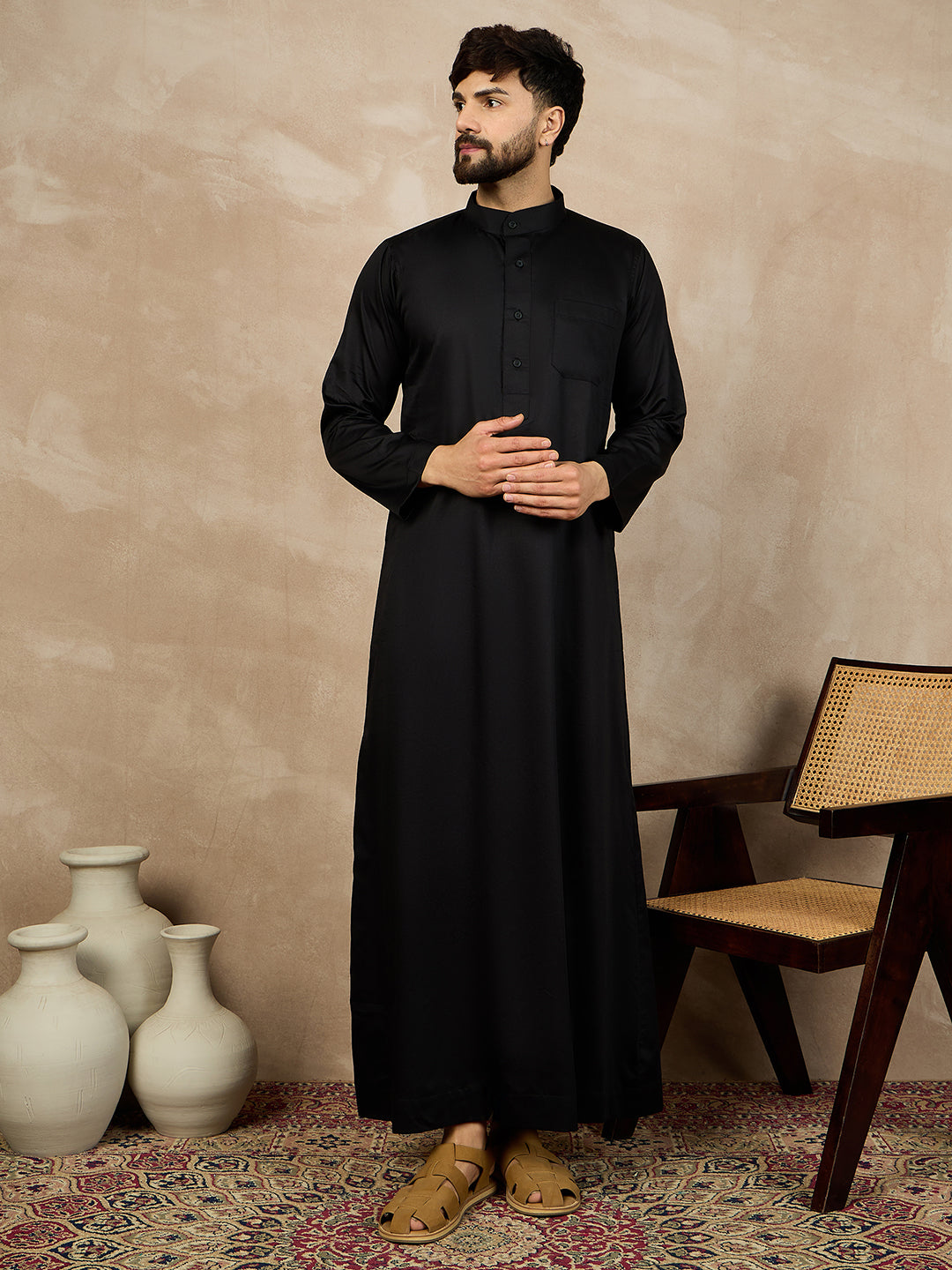 Nabia Black Mandarin Collar Cotton Jubba/Thobe