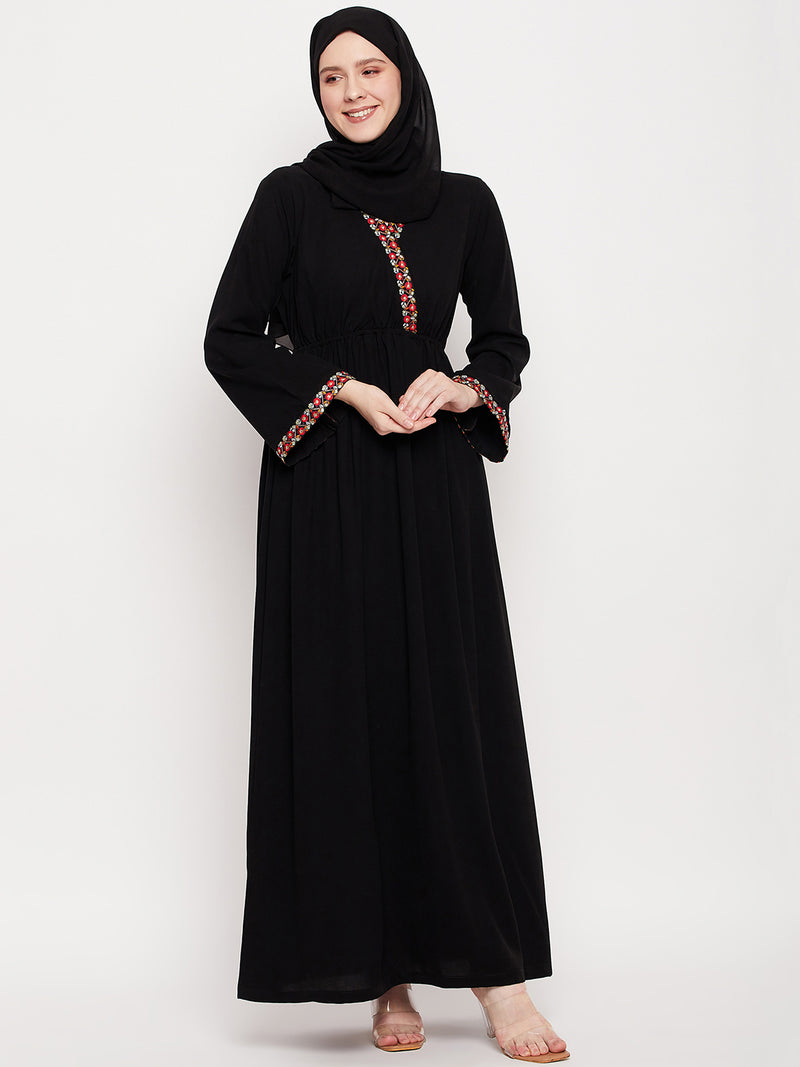 Nabia Women Black Solid Abaya Burqa With Black Georgette Scarf