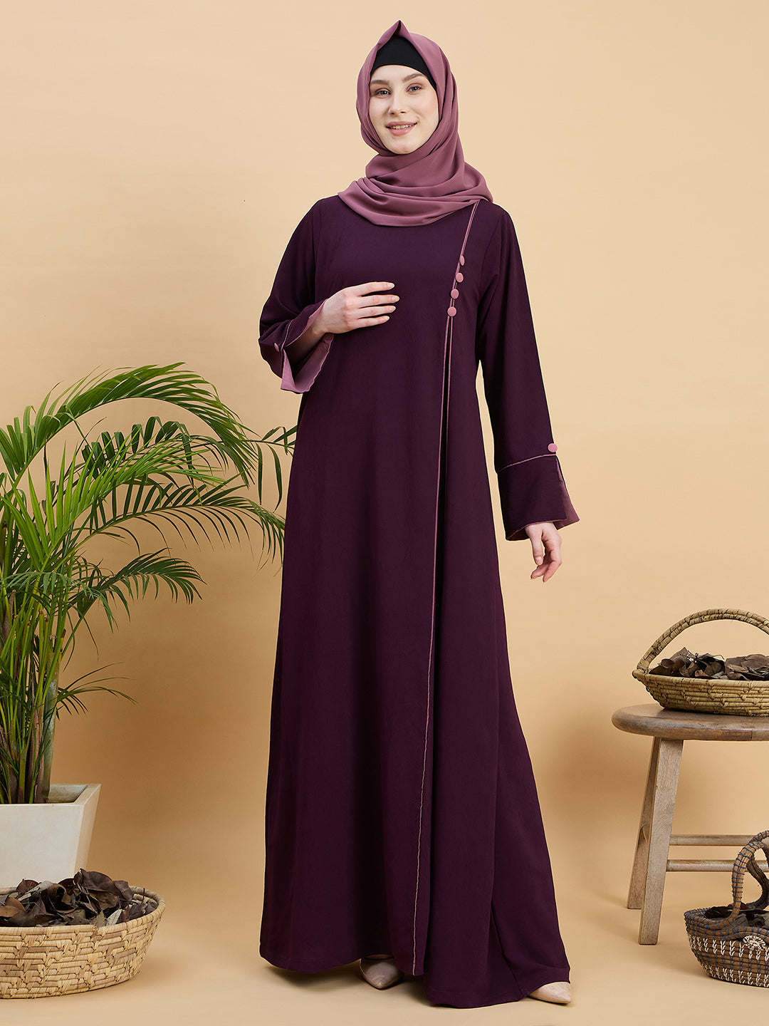 Purple Modest Solid Abaya Burqa with Hijab for Women