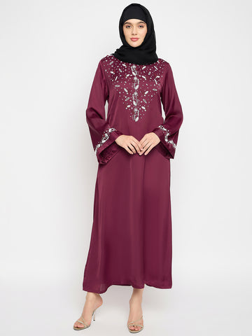 Hand Work Detailing Maroon Solid Luxury Abaya Burqa For Women With Black Georgette Hijab