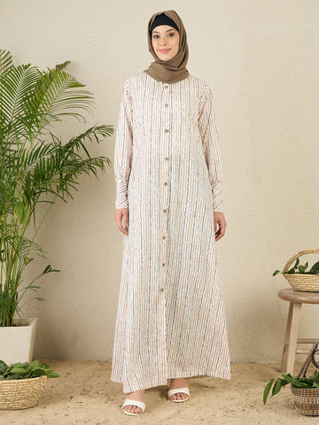 Striped Printed Front Open Abaya with Black Georgette Scarf