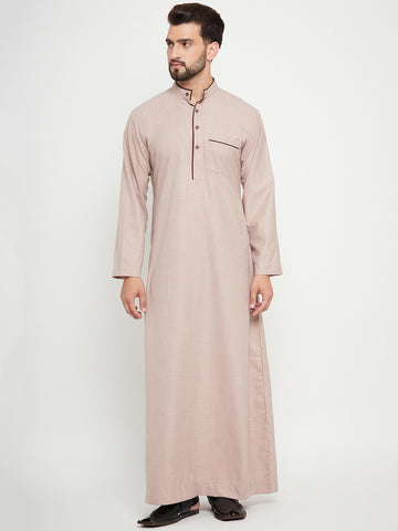 Nabia Beige Solid Mens Band Collar Thobe / Jubba with Brown Piping Design