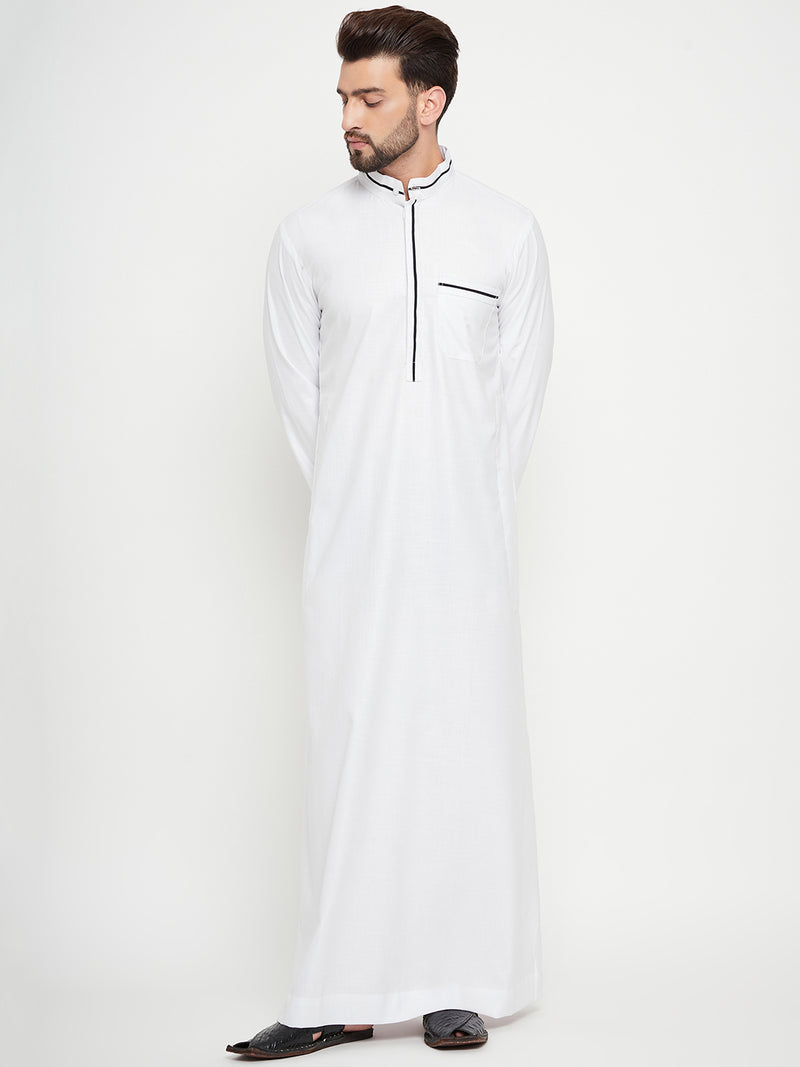 Nabia White Solid Mens Band Collar Thobe / Jubba with Blue Piping Design