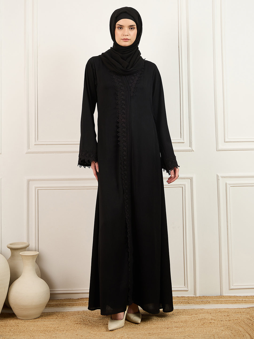 Black Lace abaya with Matching Georgette Hijab
