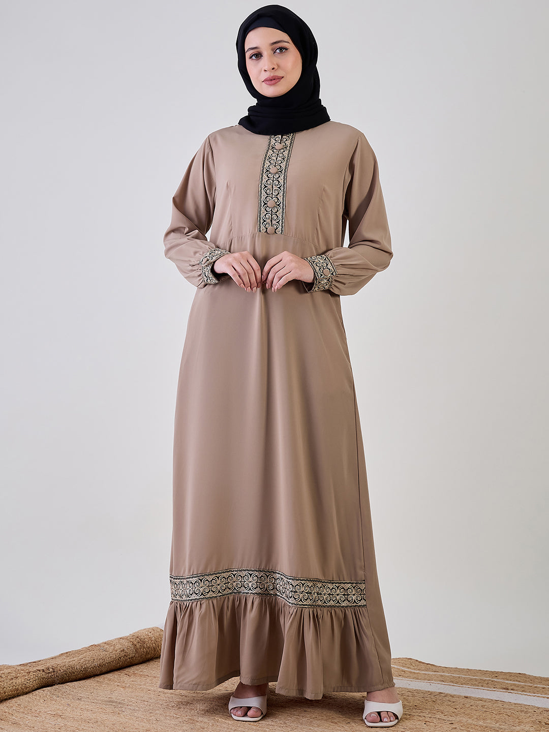 Nabia Embroidery Beige Abaya with Black Georgette Hijab