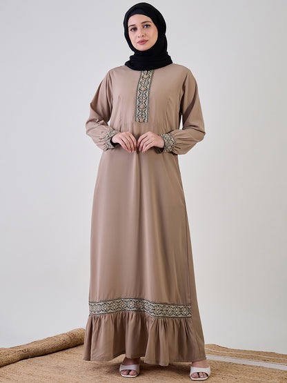 Nabia Embroidery Beige Abaya with Black Georgette Hijab