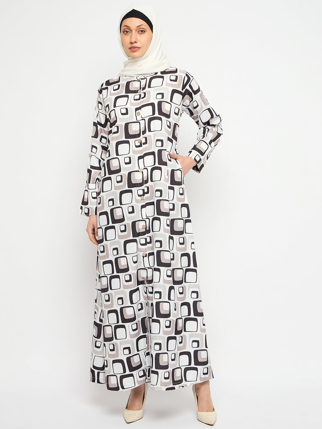 Multi-Colour Front Open Abaya with Black Georgette Scarf