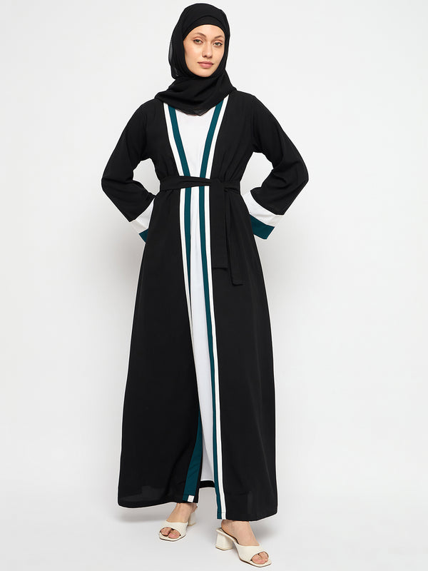 Nabia Women Black Front Open Shrug Abaya Burqa with Black Georgette Hijab