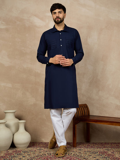 Nabia Blue Cotton Kurta and White Pajama Set for Men