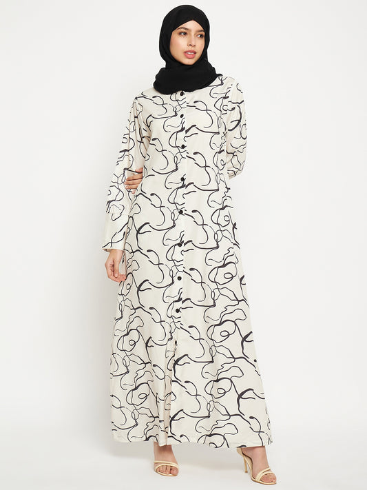 White Front Open printed Abaya with Georgette Scarf