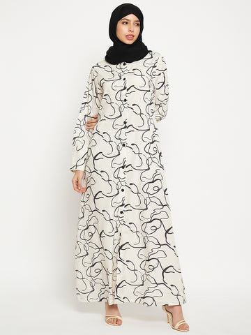Nabia Women White Front Open printed Crepe Fabric Abaya Burqa With Georgette Scarf