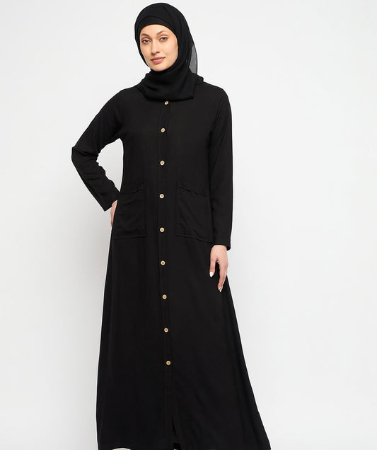 Black Rayon Front Open Abaya with Georgette Scarf