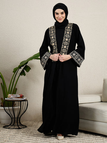 2 Piece Embroidered Black Shrug Set Abaya with Black Hijab