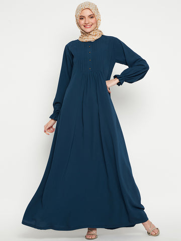 Nabia Women Teal Solid A-line Abaya Burqa With Black Georgette Scarf
