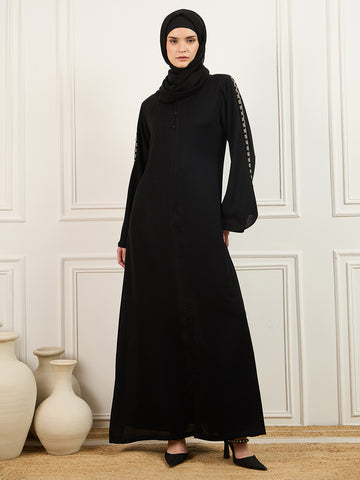 Nabia Embroidery Detailing Abaya Burqa in Black With Matching Georgette Hijab