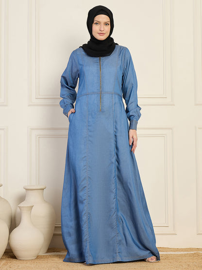 Nabia Denim Abaya With Black Georgette Hijab