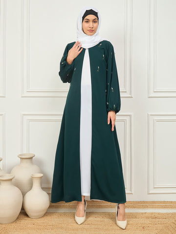 2 Piece Solid Luxury Abaya with White Georgette Hijab