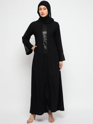 Nabia Embroidery Slip-On Closure Round Neck Black Abaya Burqa With Black Scarf