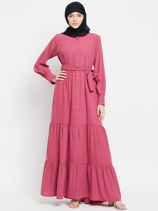 Clearance: Pink Solid Front Open Frilled Abaya with Black Georgette Scarf