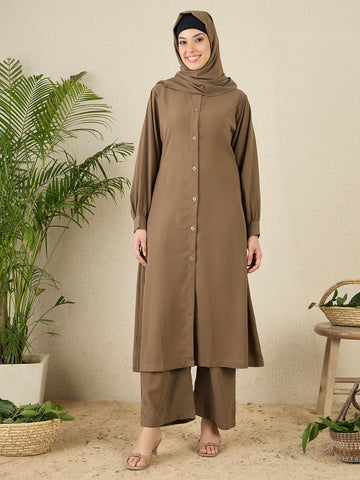 Nabia Oat (Khaki) Solid Co-ord Set for Women