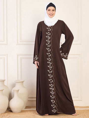 Nabia Brown Solid Hand Work Detailing Luxury Abaya Burqa For Women With White Hijab