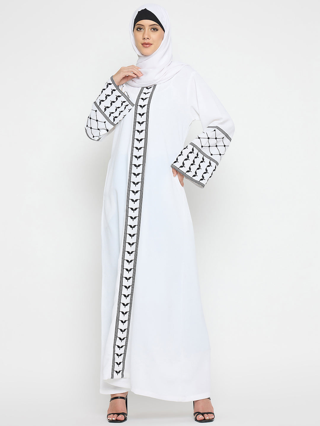 Nabia Kefiyyeh Embroidery White Abaya Burqa with Black Hijab